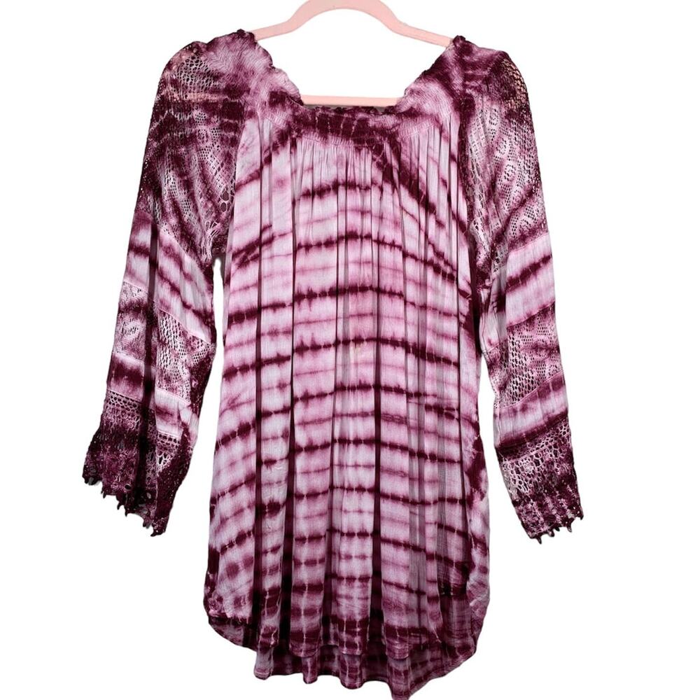 STUDIO WEST APPAREL Purple White Tie Dye Crochet Long Sleeve Blouse Medium